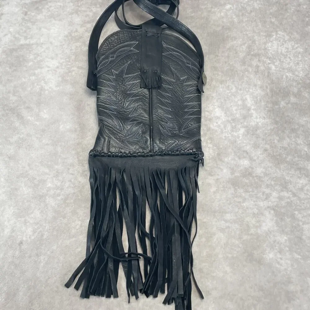 Vtg Black Leather Western Boot Fringe Crossbody Purse Indian Coin Blue Stitching